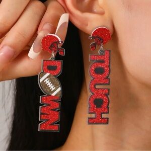 RED TOUCH DOWN FOOTBALL ACRYLIC BLING CLOVER STUD EARRINGS POST OR STUD-NEW
